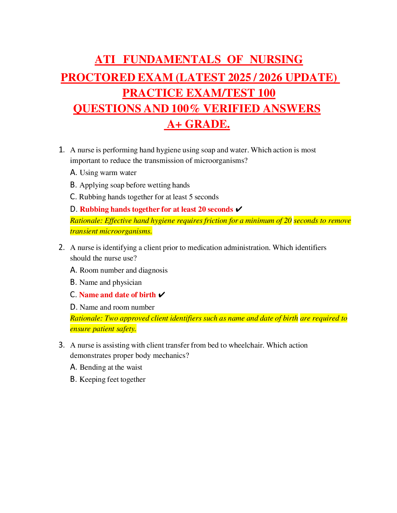 ATI Fundamentals of Nursing Proctored Exam, 2025/2026 Update