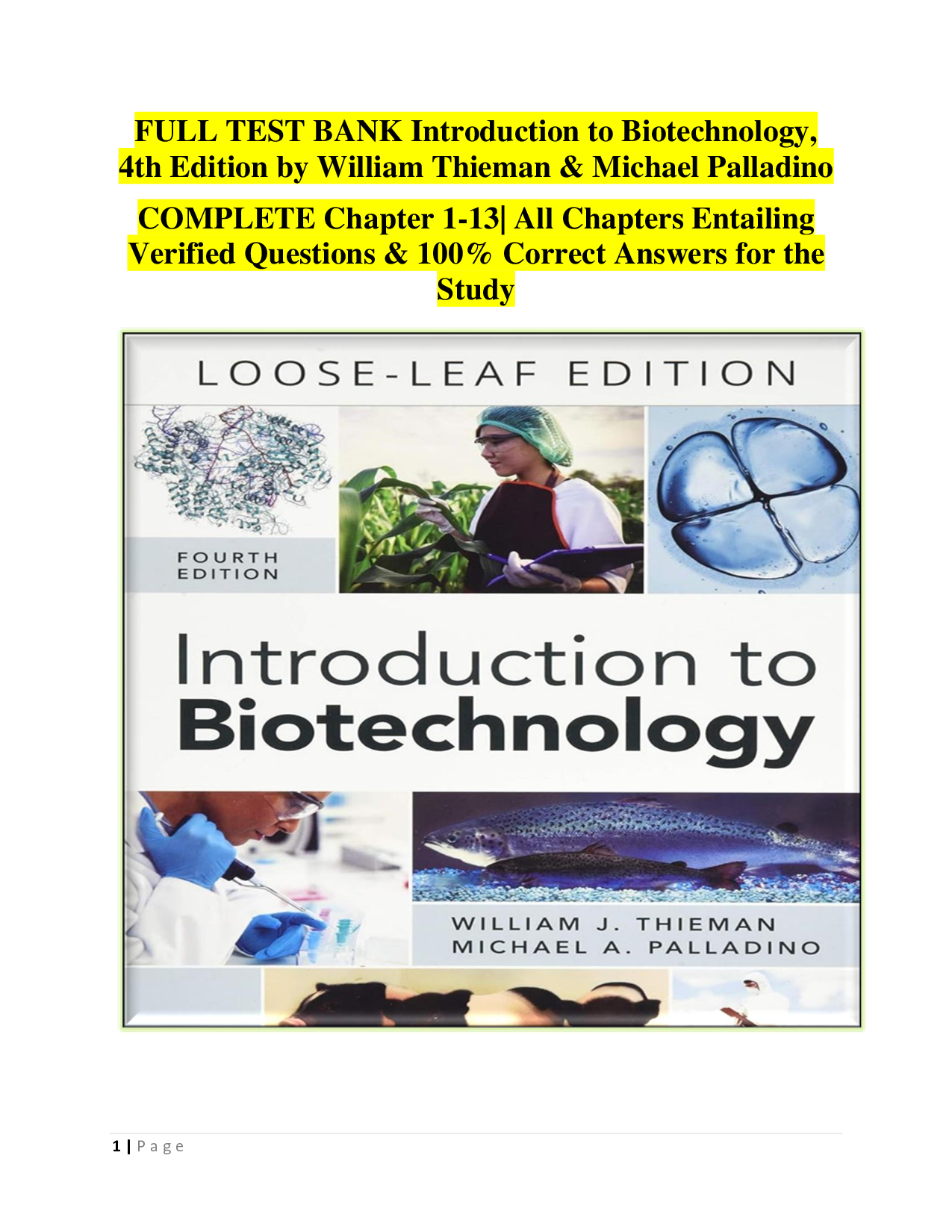Introduction to Biotechnology, 4th Edition Test Bank by Thieman & Palladino
