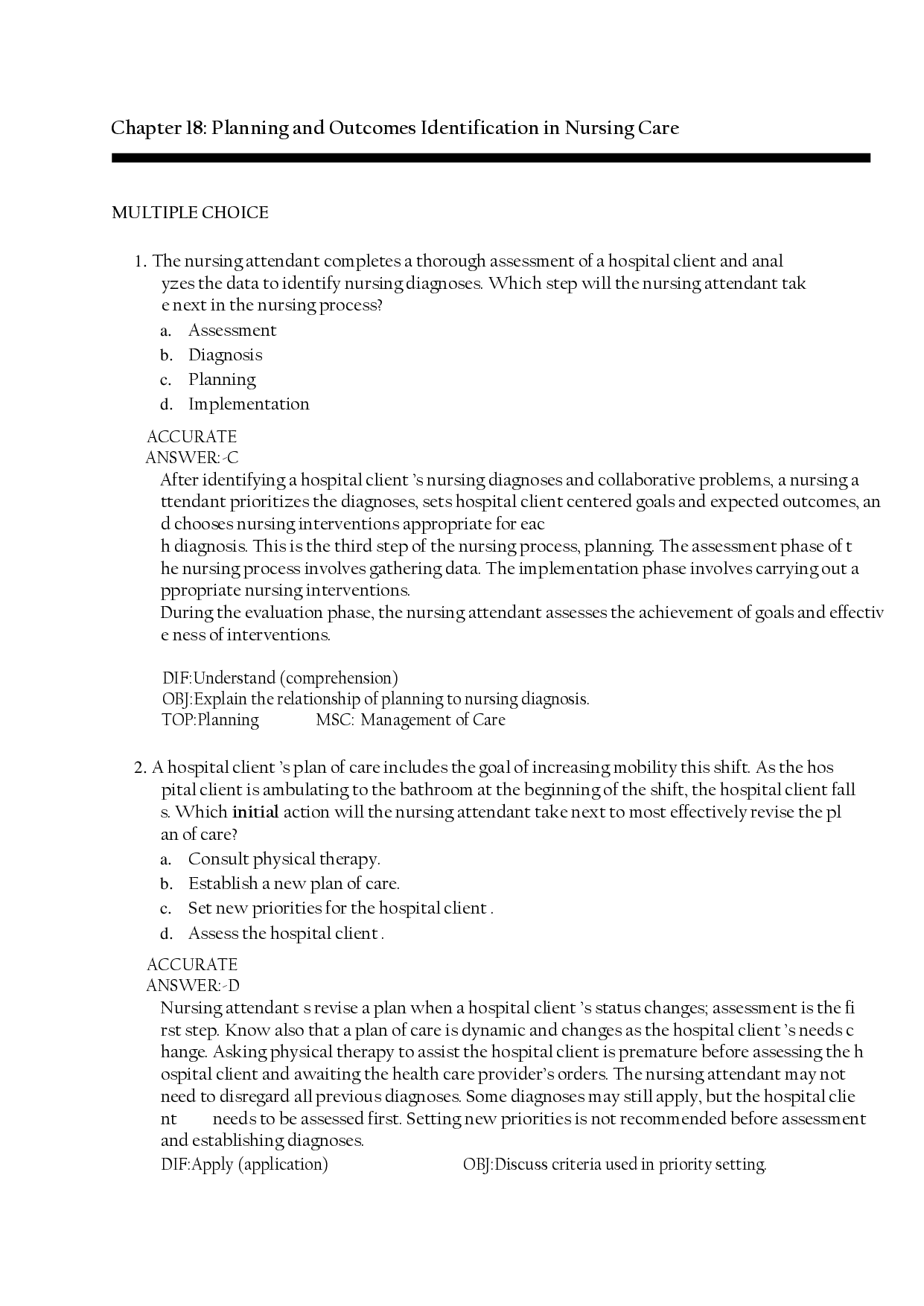 Nursing Care Planning and Outcomes Identification Test Bank