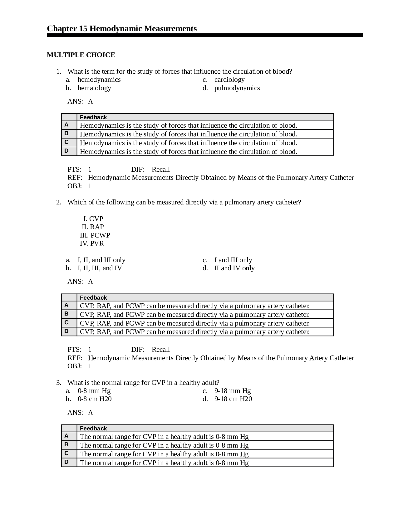 Hemodynamic Measurements Chapter 15 Test Bank