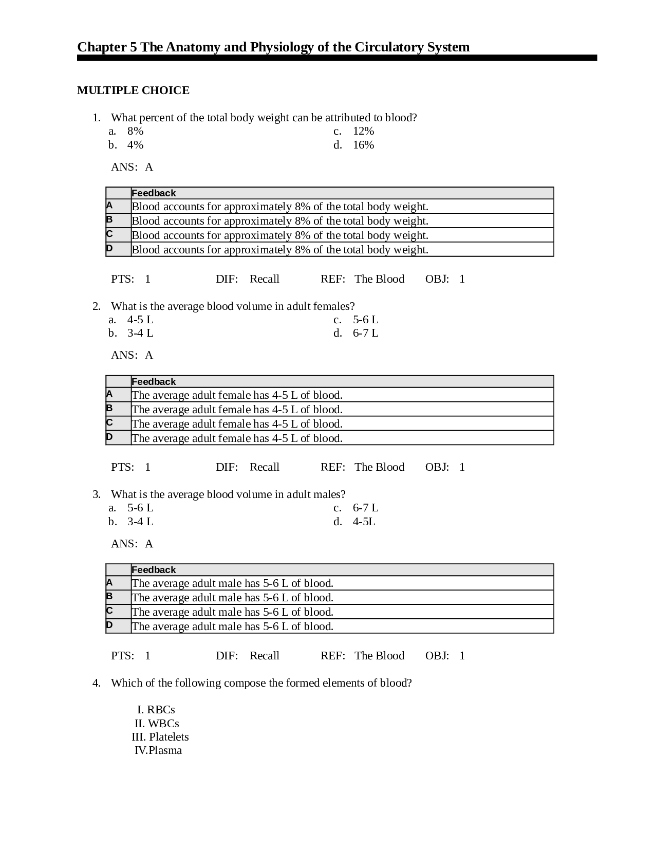 Anatomy and Physiology of the Circulatory System Test Bank