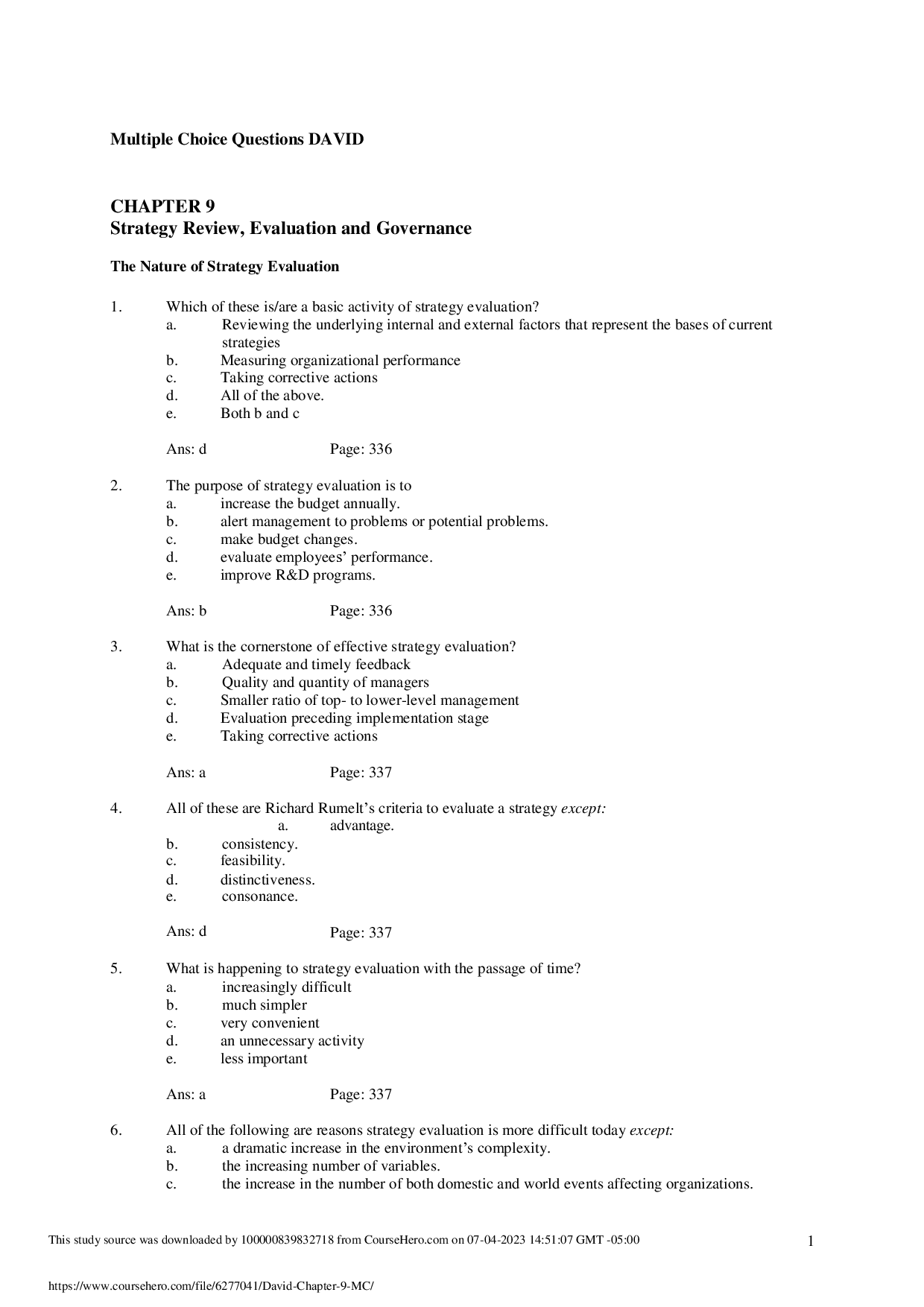 David's Strategic Management, Chapter 9 Practice Questions
