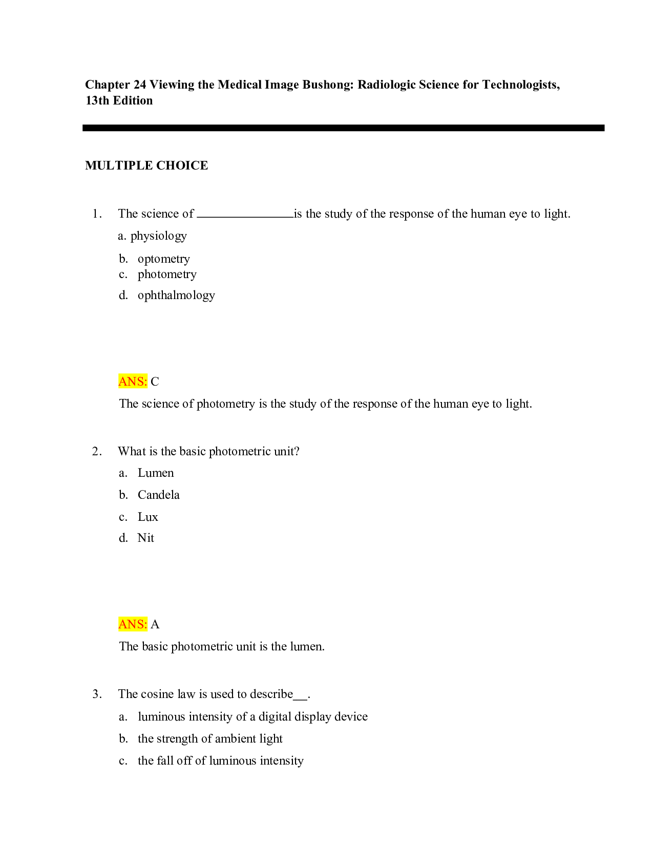 Radiologic Science for Technologists, 13th Edition Test Bank: Chapter 24