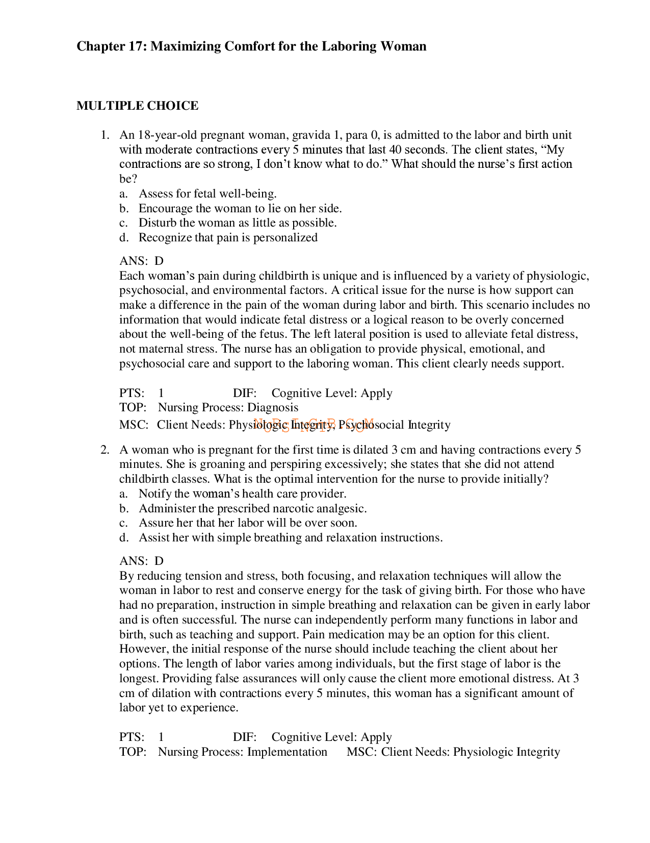 Maximizing Comfort for the Laboring Woman, Chapter 17 Test Bank