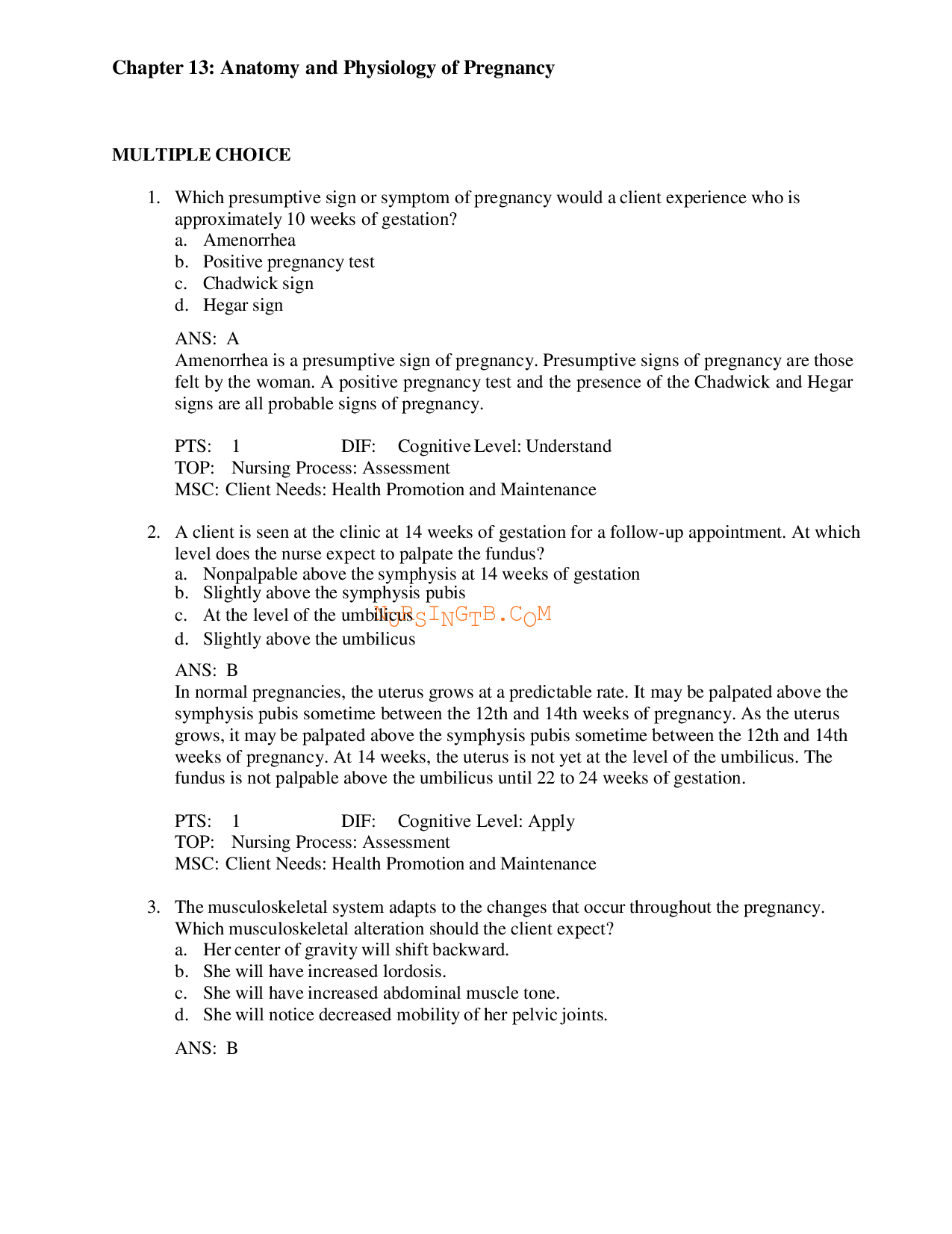 Anatomy and Physiology of Pregnancy Chapter 13 Test Bank