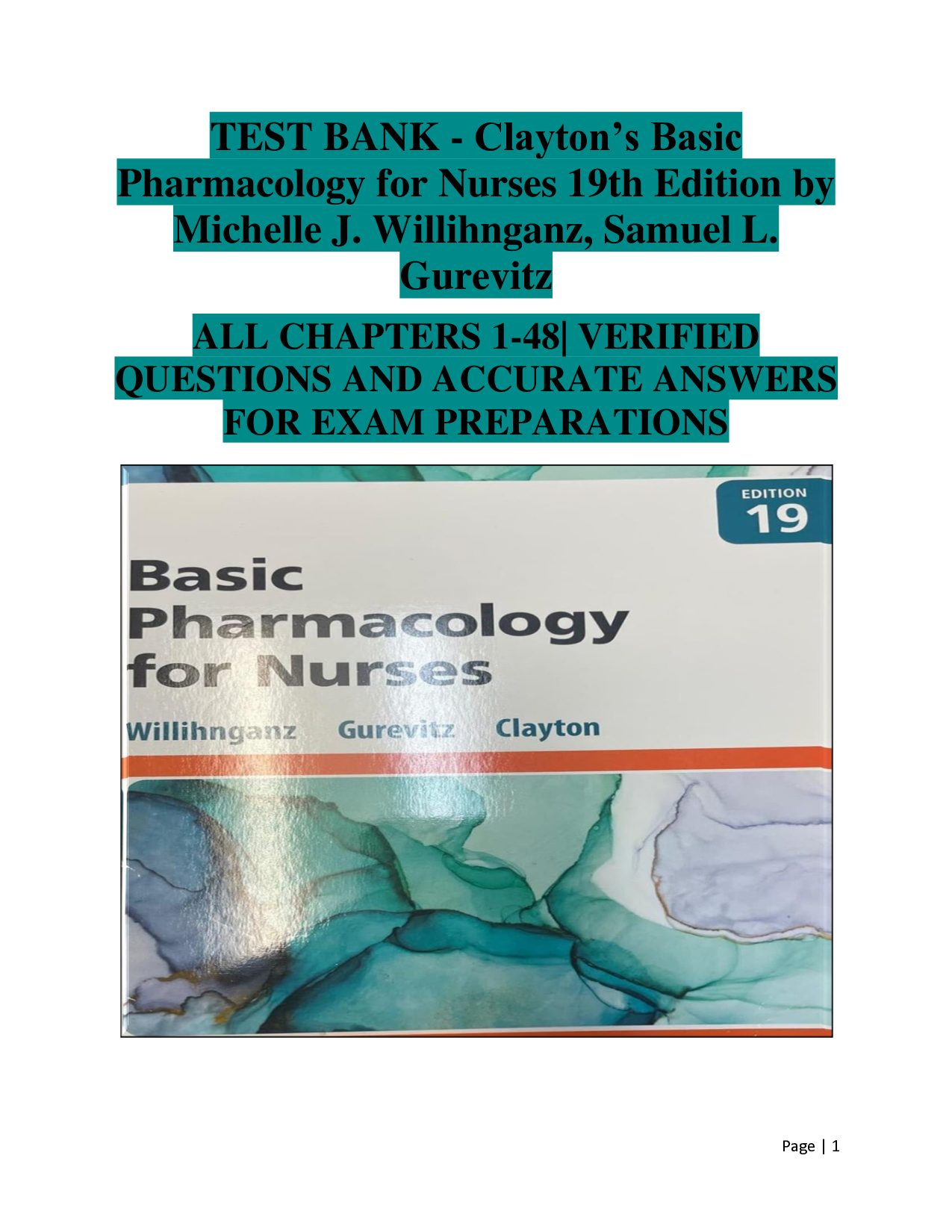 Clayton's Basic Pharmacology for Nurses, 19th Edition Test Bank