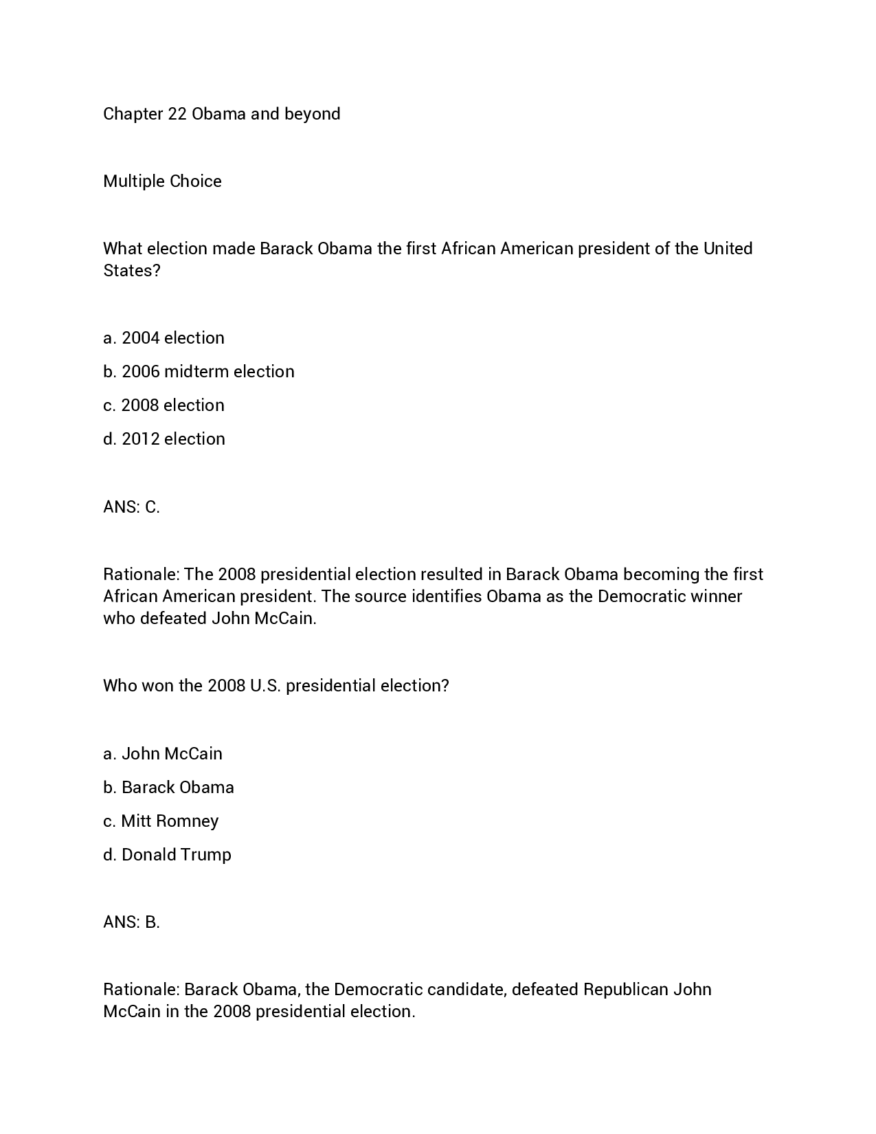 Chapter 22: Obama and Beyond Practice Questions