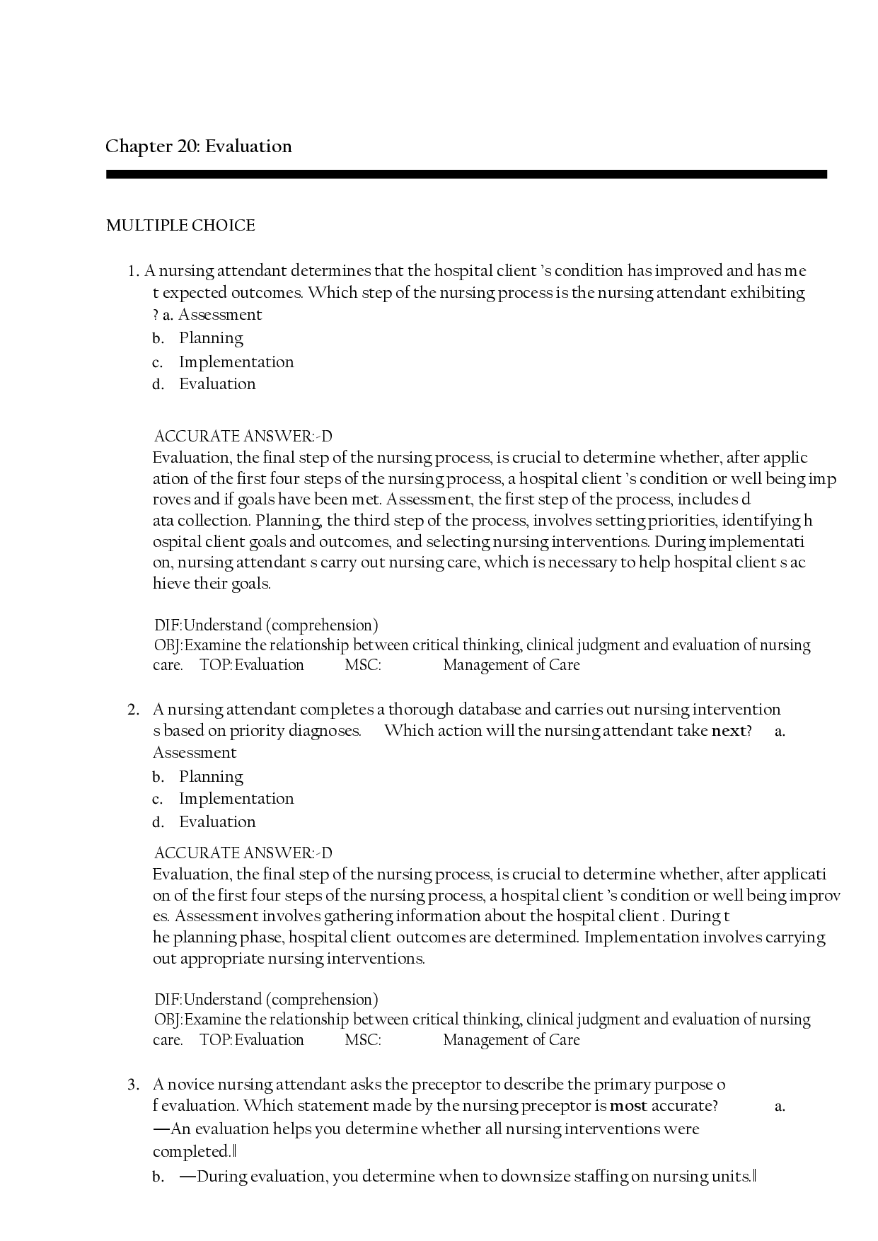 Nursing Fundamentals: Chapter 20 Evaluation Test Bank