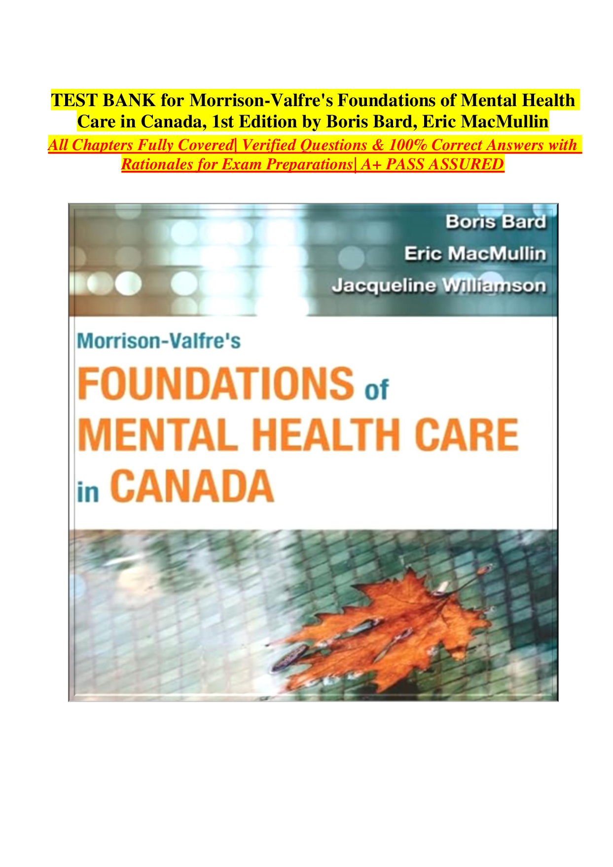 Morrison-Valfre's Foundations of Mental Health Care in Canada, 1st Edition Test Bank