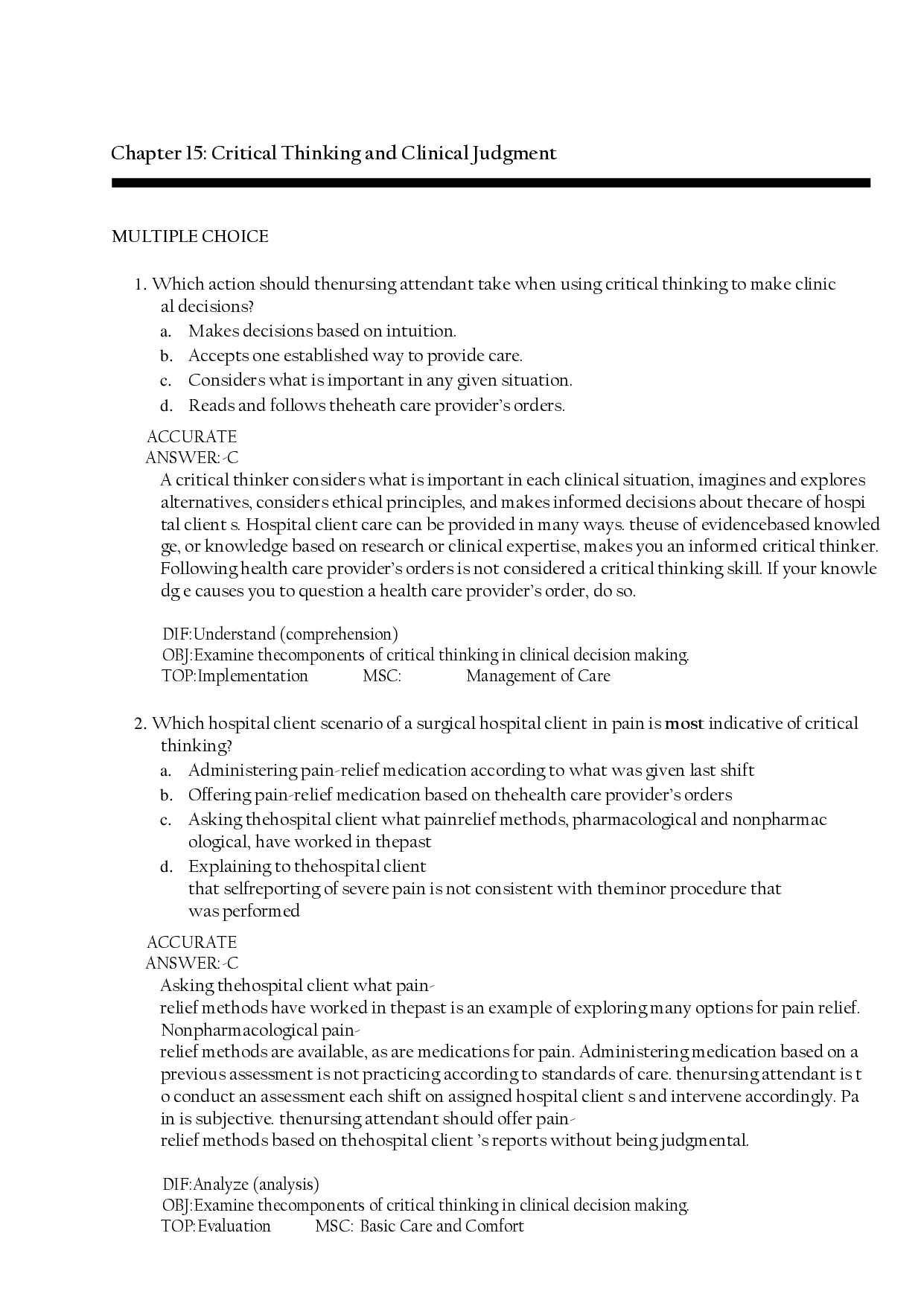Critical Thinking and Clinical Judgment Test Bank