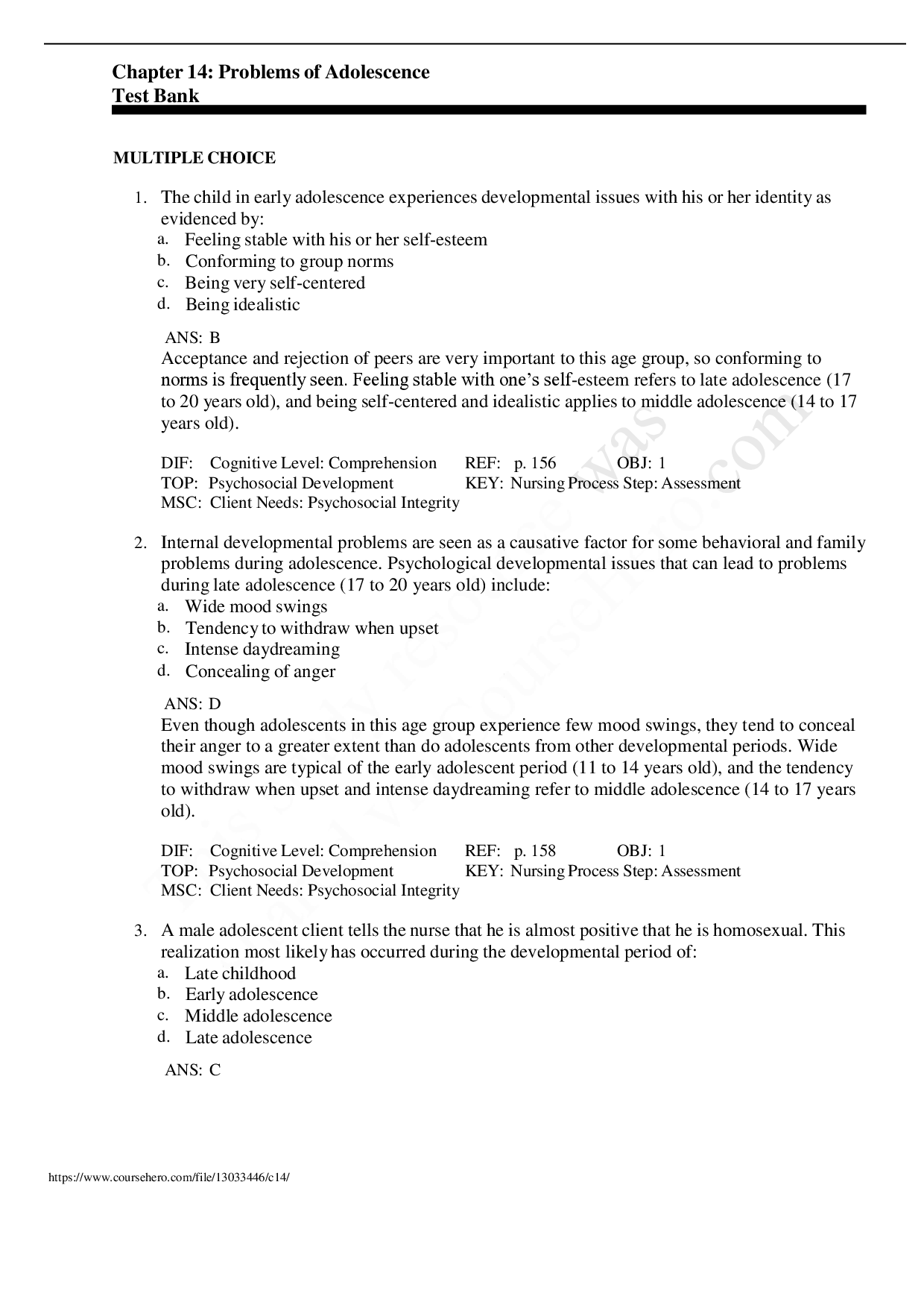 Problems of Adolescence Chapter 14 Test Bank