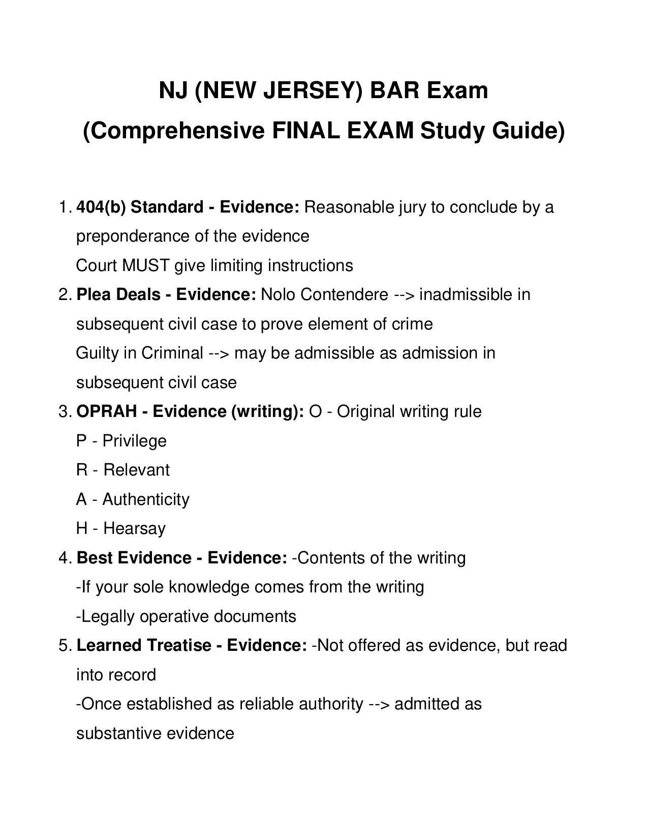New Jersey Bar Exam Comprehensive Final Study Guide