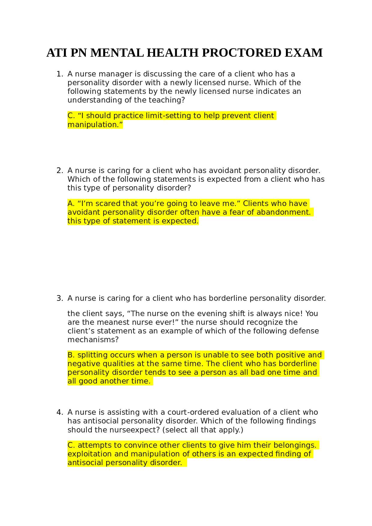 ATI PN Mental Health Proctored Exam Practice Questions