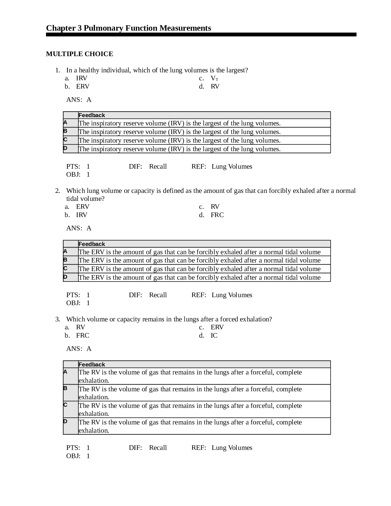 Pulmonary Function Measurements Test Bank