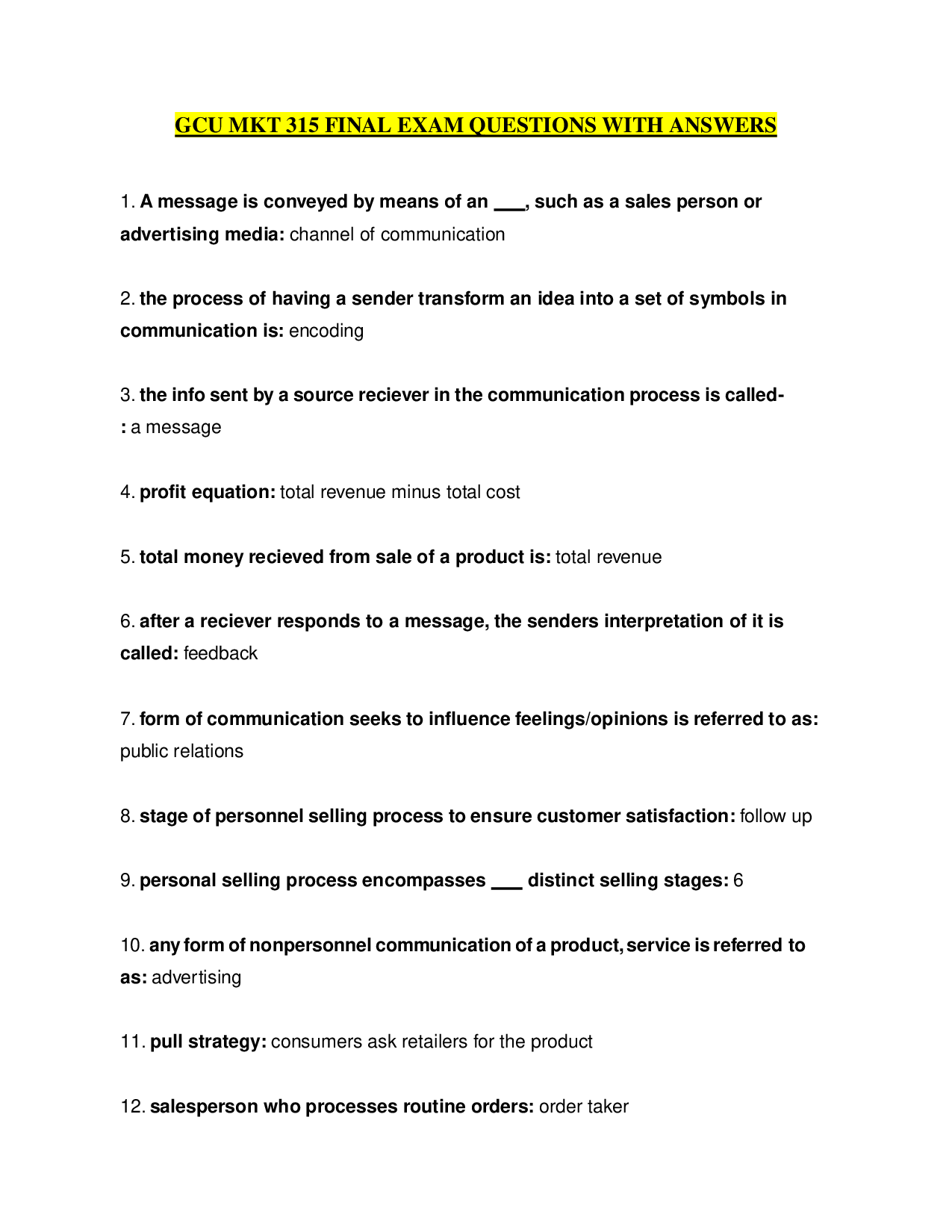 GCU MKT 315 Marketing Final Exam Questions and Answers