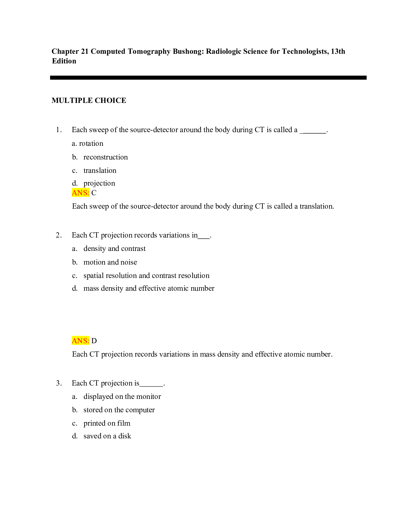Radiologic Science for Technologists, 13th Edition Test Bank: Chapter 21 Computed Tomography