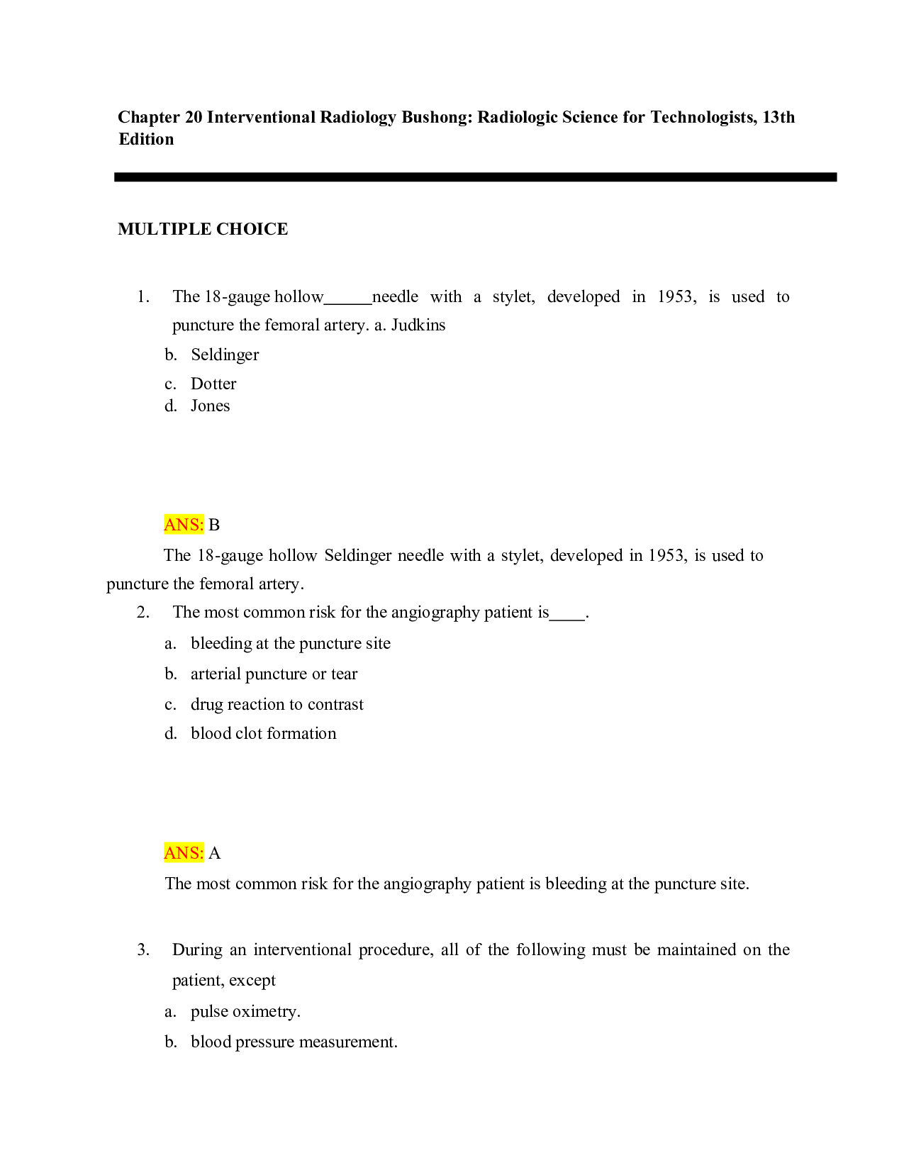 Radiologic Science for Technologists, 13th Edition Chapter 20 Test Bank