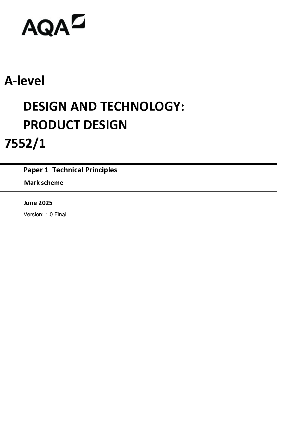 AQA A-Level Design and Technology: Product Design 2025 Paper 1 Mark Scheme