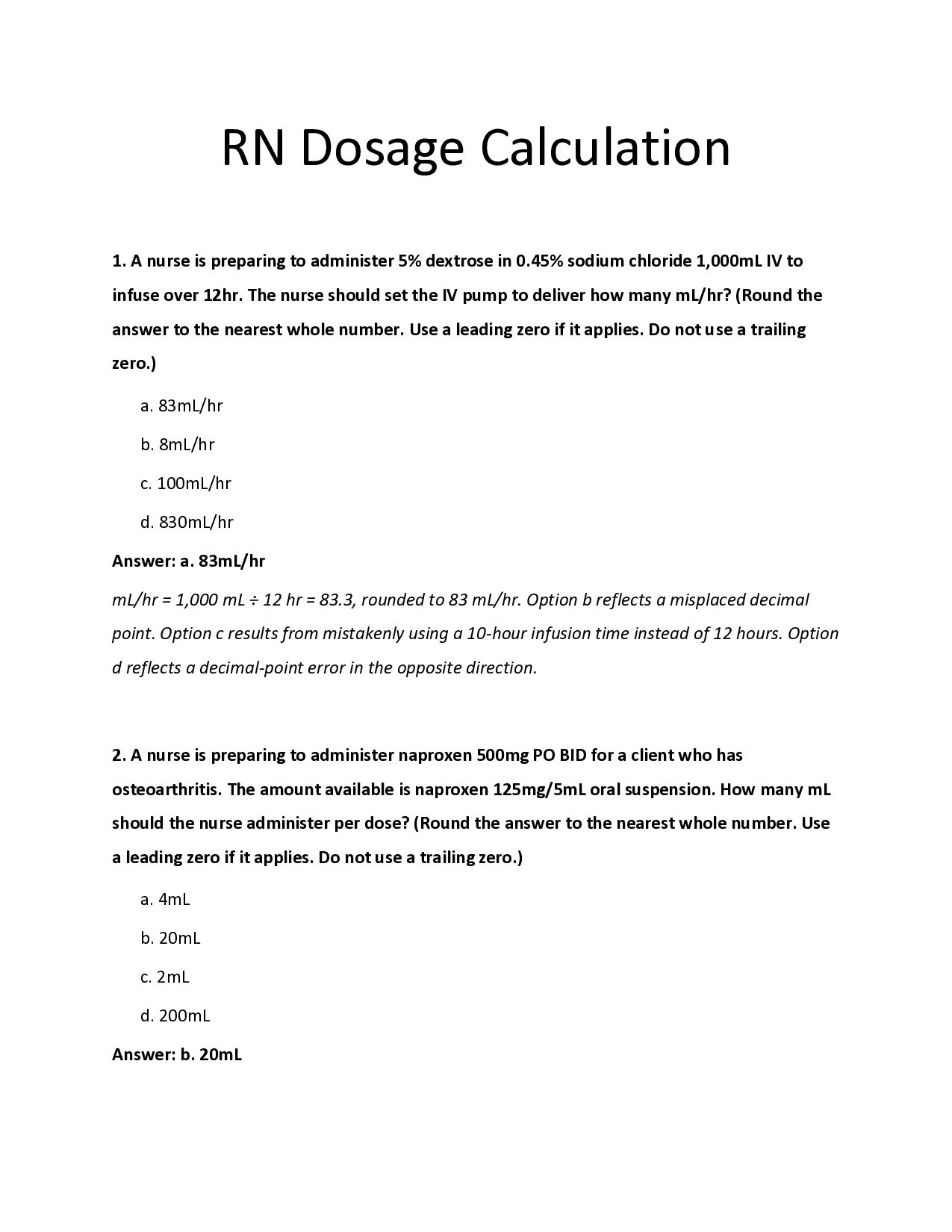 RN Dosage Calculation Practice Questions