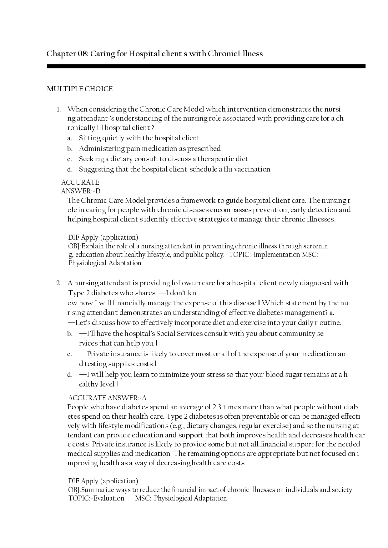 Caring for Patients With Chronic Illness Chapter 8 Test Bank