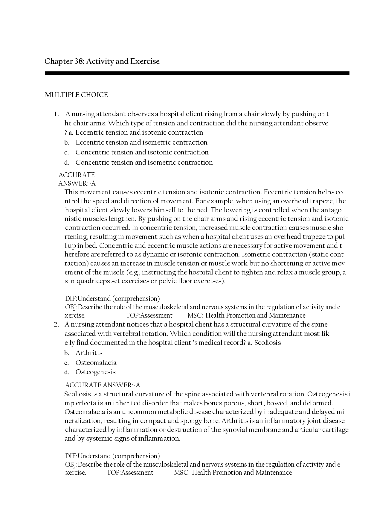 Chapter 38: Activity and Exercise Test Bank