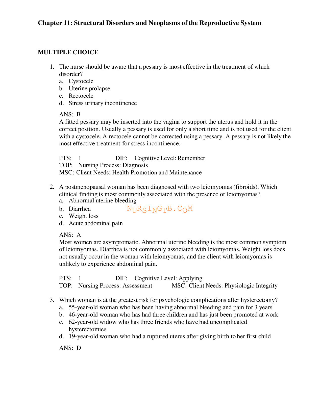 Structural Disorders and Neoplasms of the Reproductive System Test Bank