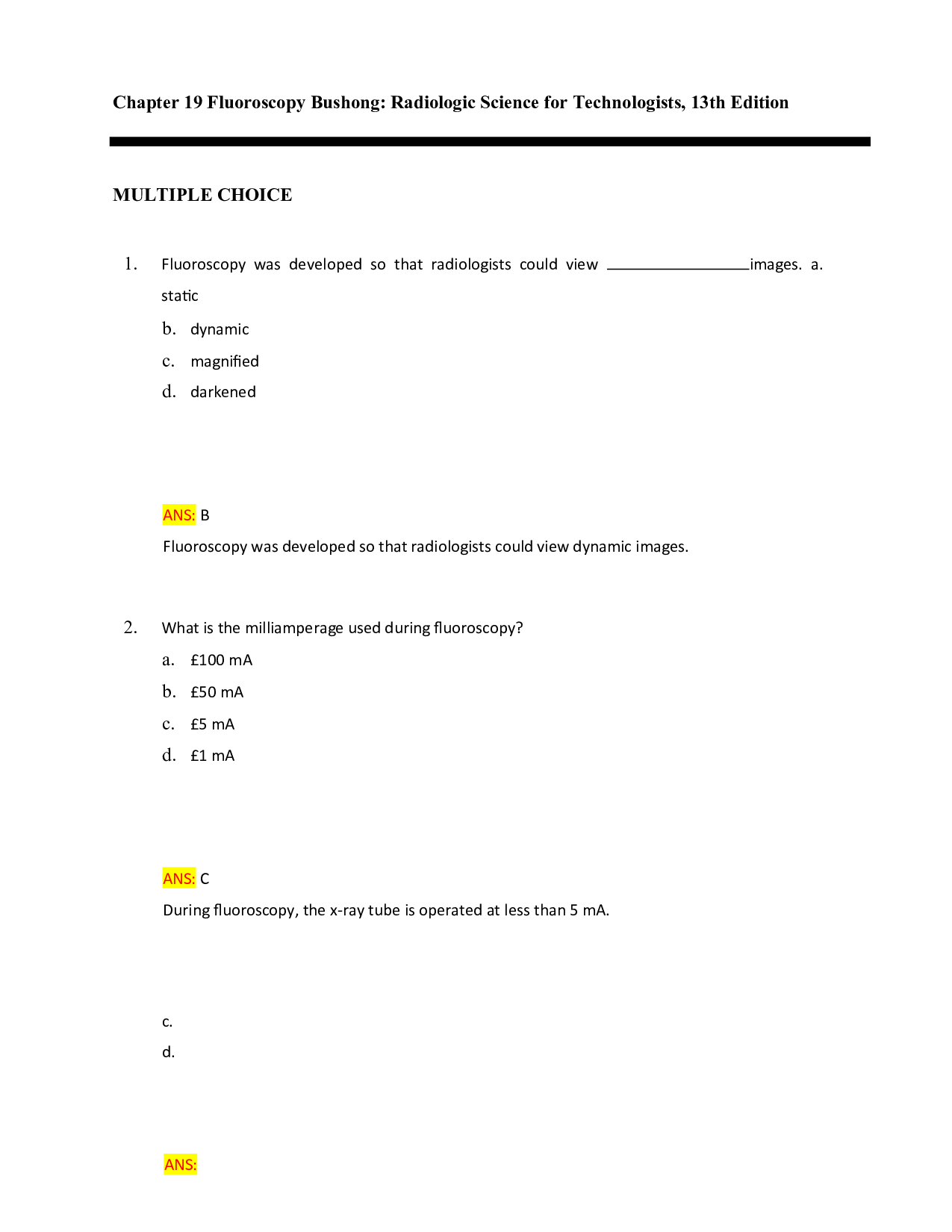 Bushong's Radiologic Science for Technologists, 13th Edition Chapter 19 Test Bank