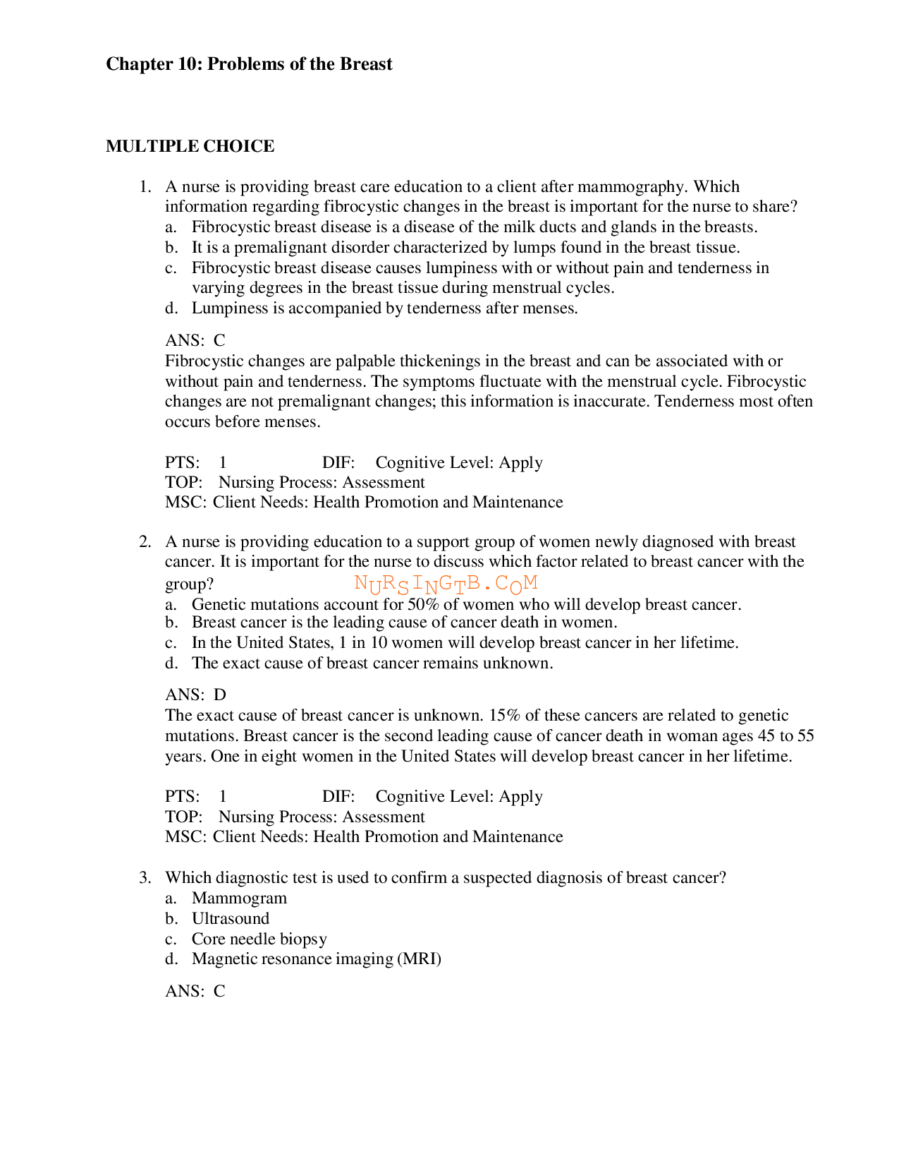 Problems of the Breast Chapter 10 Test Bank