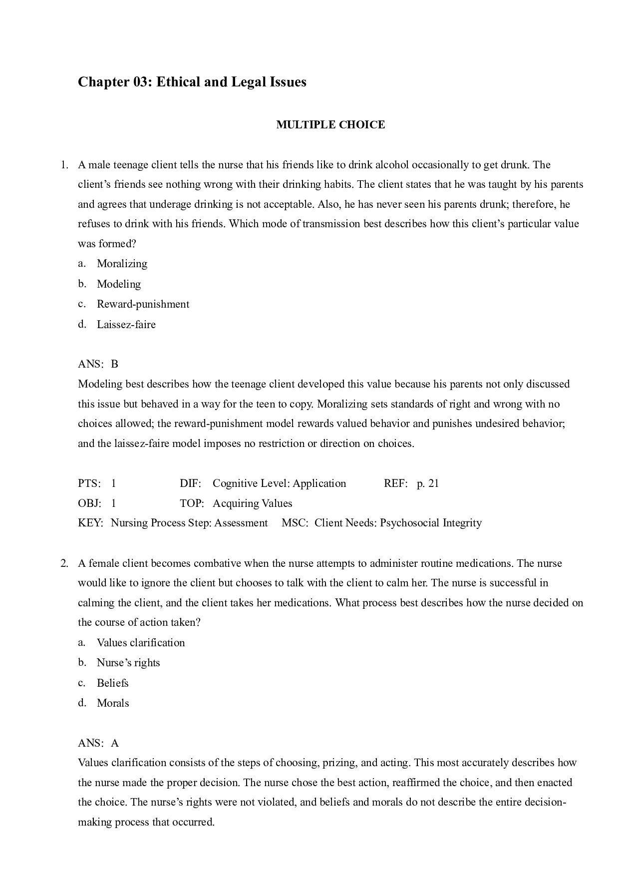 Ethical and Legal Issues in Nursing Test Bank