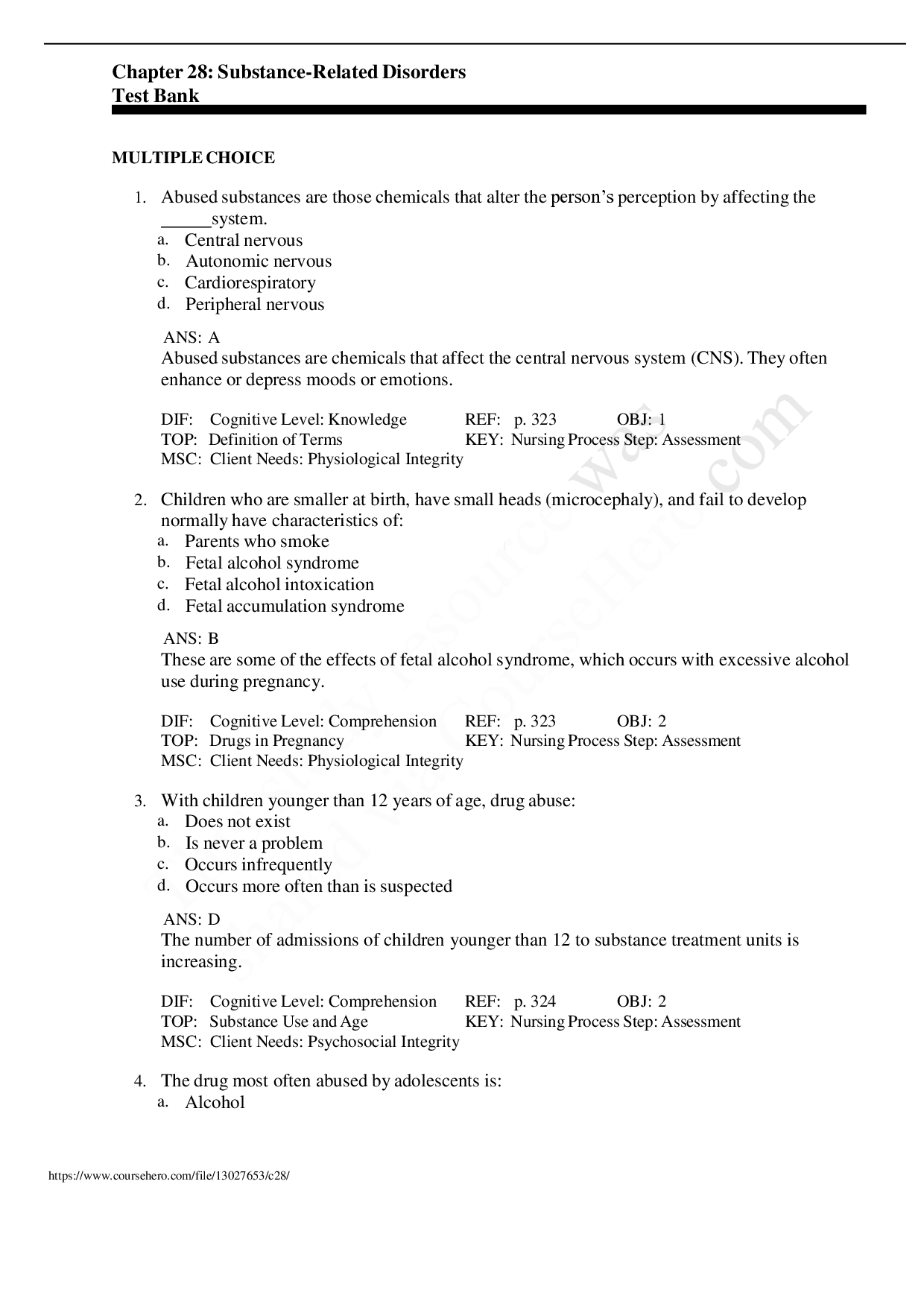 Substance-Related Disorders Chapter 28 Test Bank