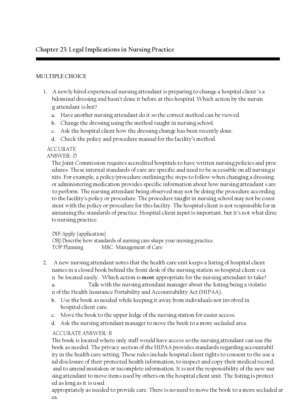 Legal Implications in Nursing Practice Chapter 23 Practice Questions