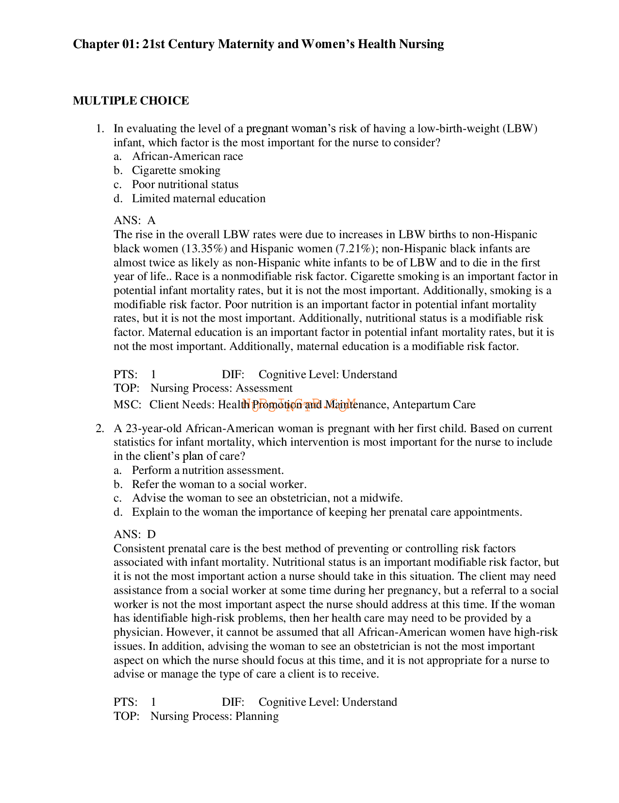 Maternity and Women’s Health Nursing, Chapter 1 Test Bank