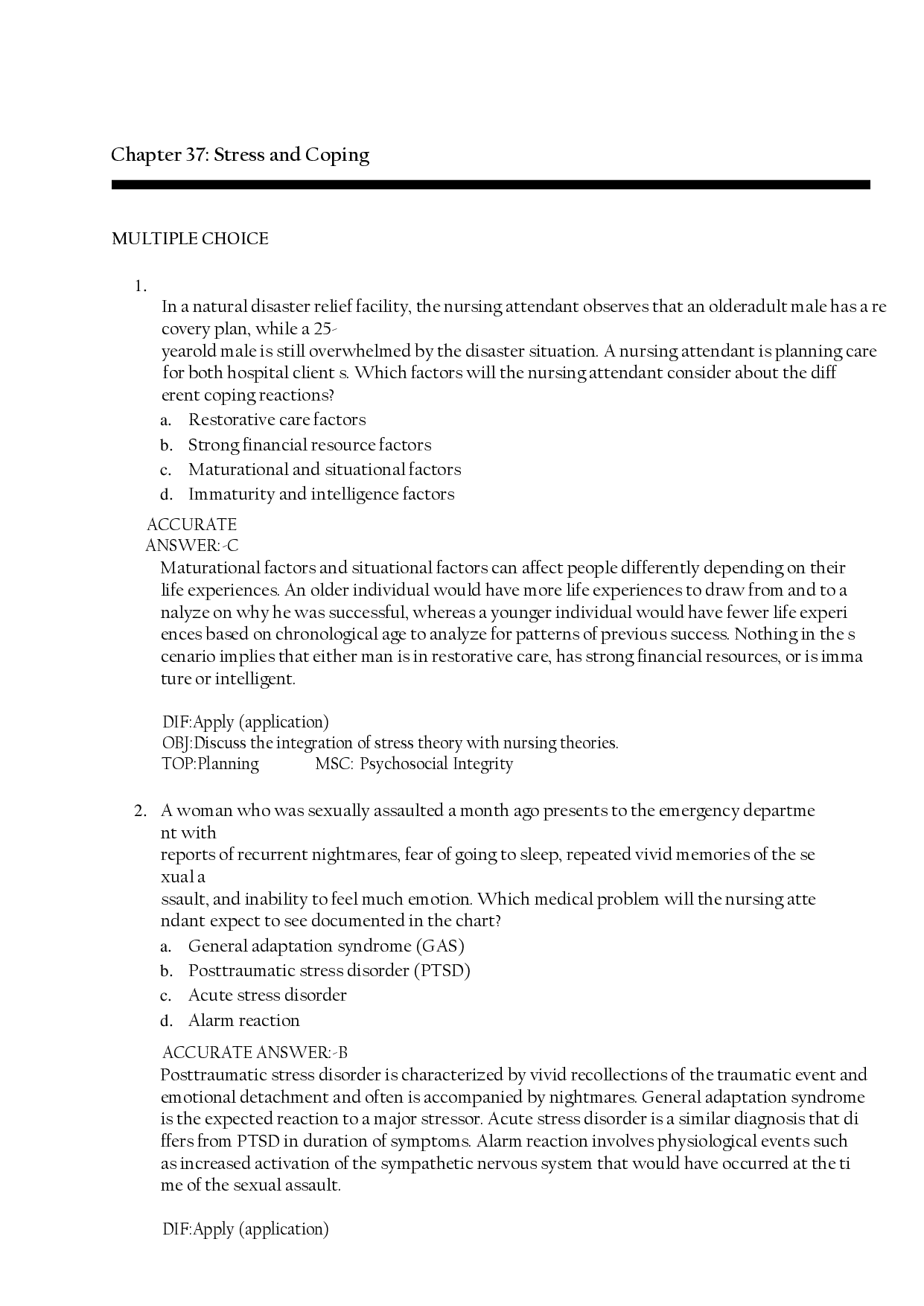 Chapter 37: Stress and Coping Test Bank