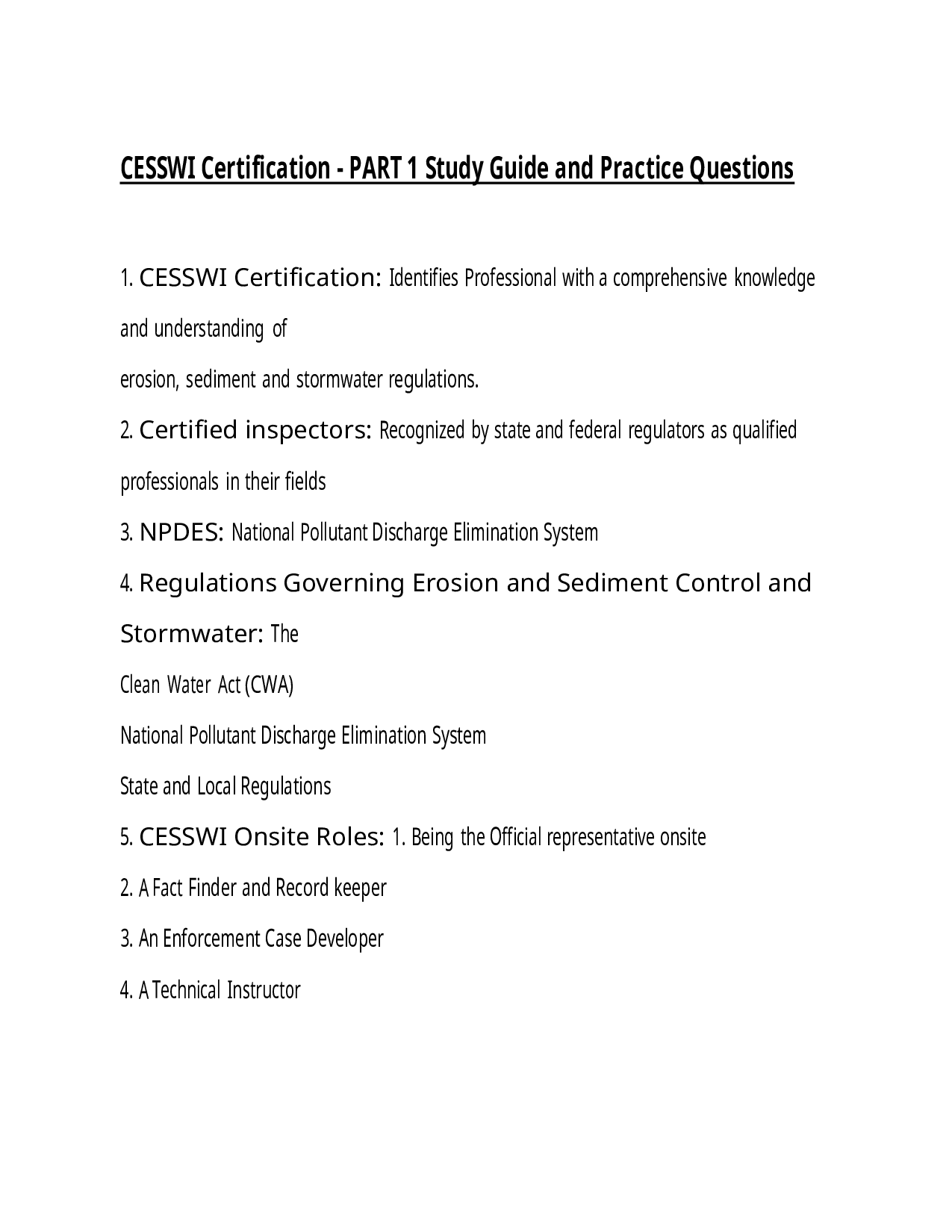 CESSWI Certification Part 1 Study Guide and Practice Questions