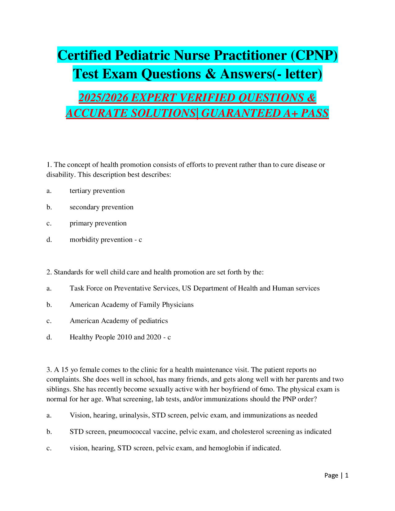 Certified Pediatric Nurse Practitioner (CPNP) 2025-2026 Exam Practice Questions