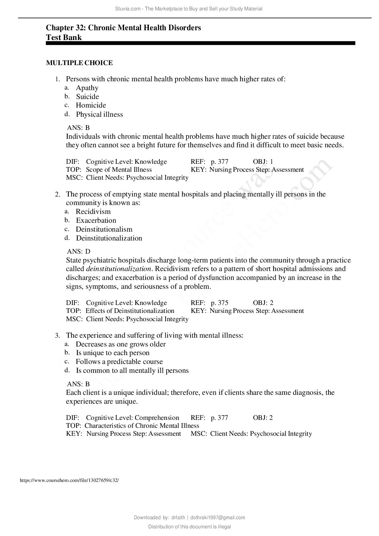Chronic Mental Health Disorders Chapter 32 Test Bank