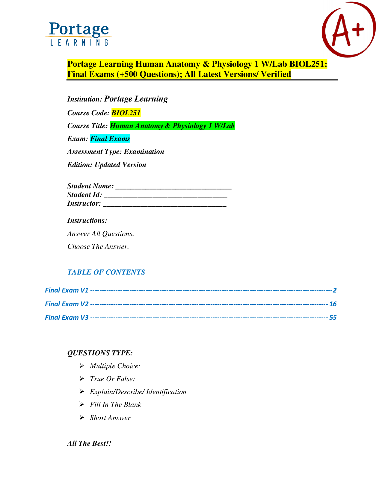 Portage Learning BIOL251 Human Anatomy & Physiology I Final Exams