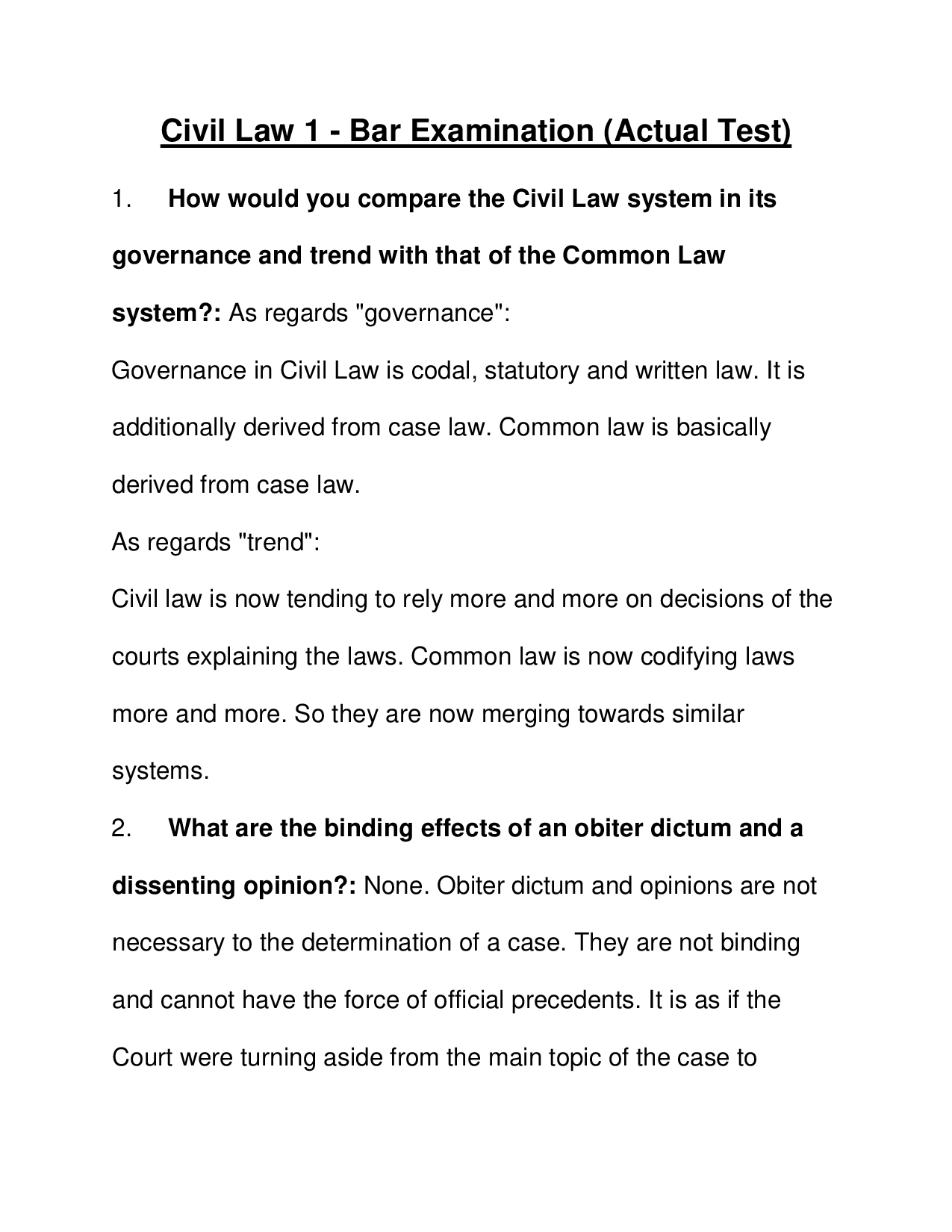 Civil Law 1 Bar Examination Actual Test 2023