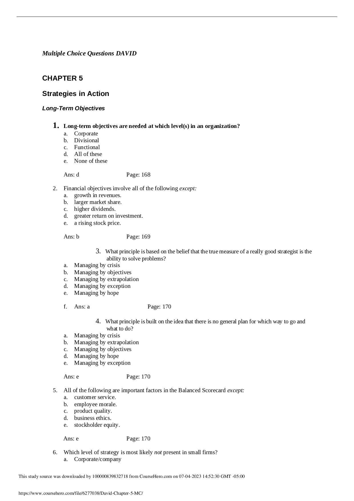 Strategic Management: Concepts and Cases, Chapter 5 Test Bank