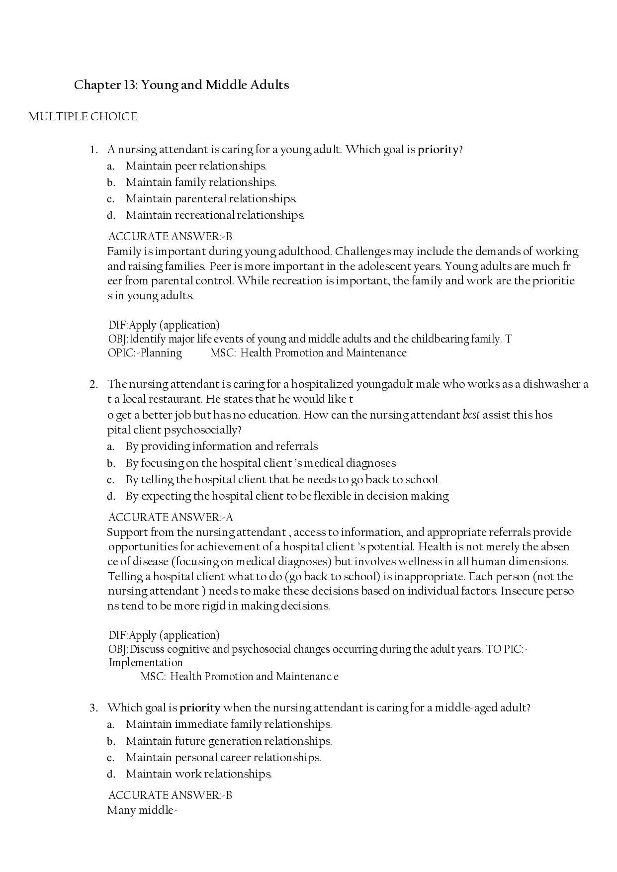 Nursing Care of Young and Middle Adults Practice Questions