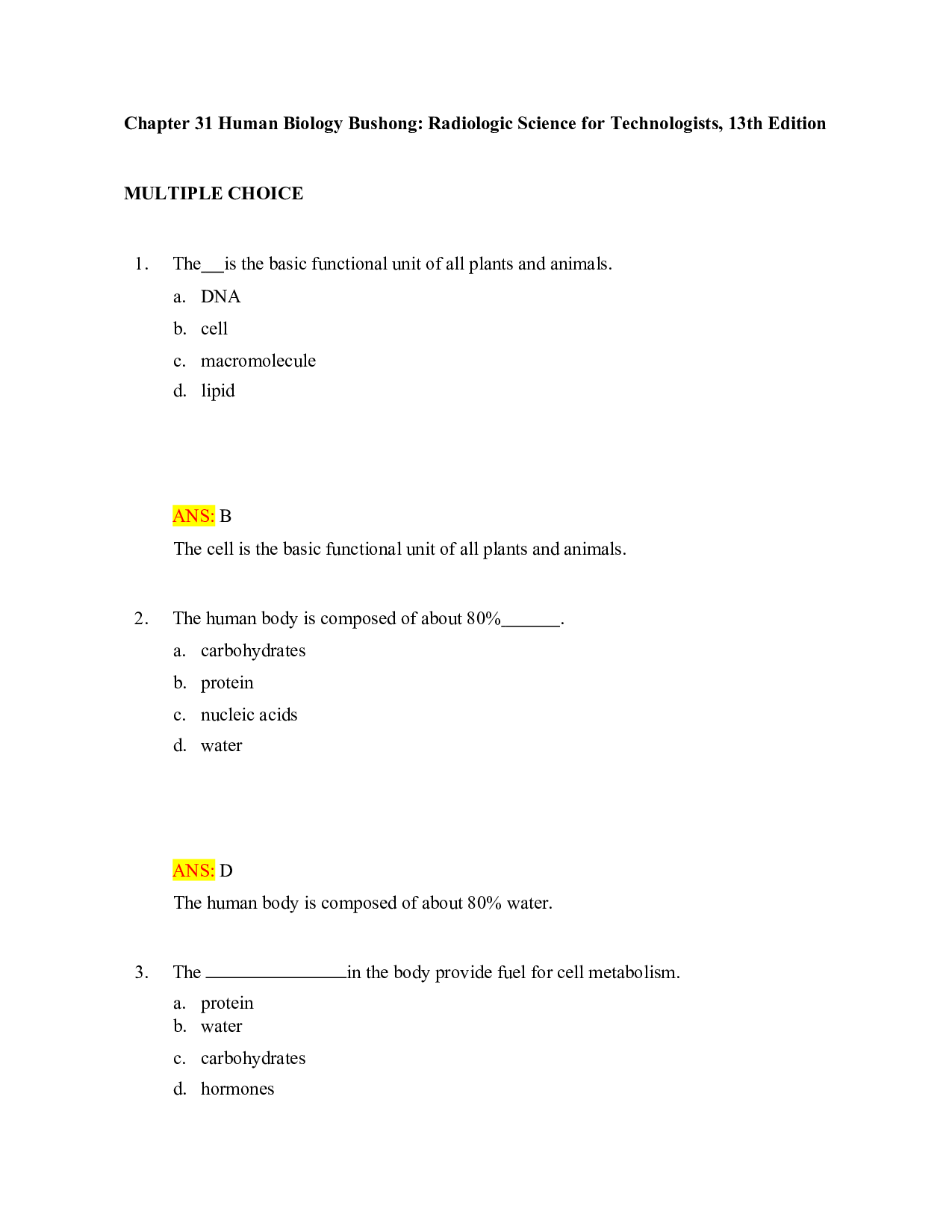 Radiologic Science for Technologists, 13th Edition Chapter 31 Test Bank