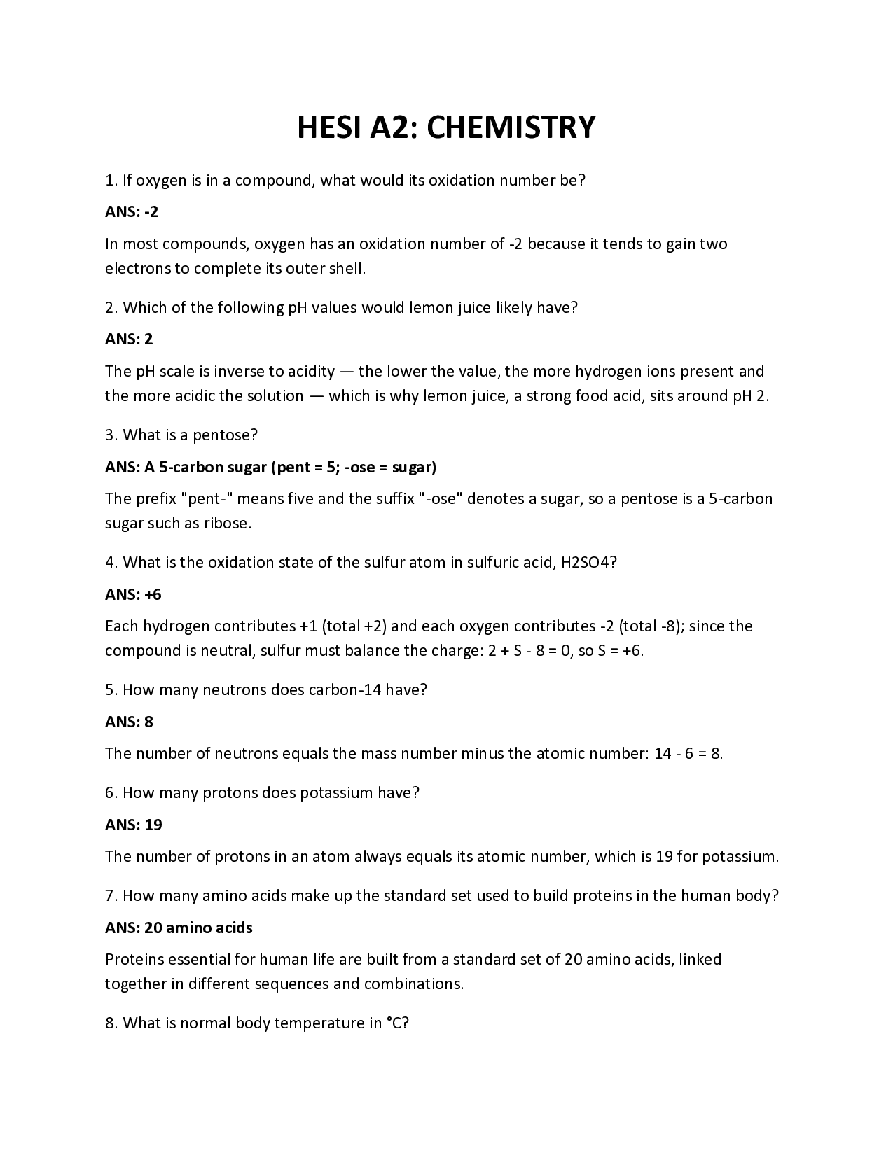 HESI A2 Chemistry Practice Questions