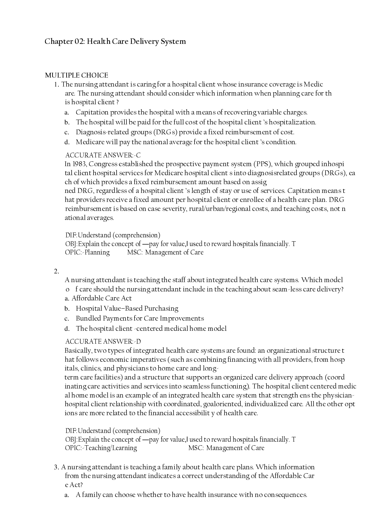 Chapter 2: The Health Care Delivery System Test Bank