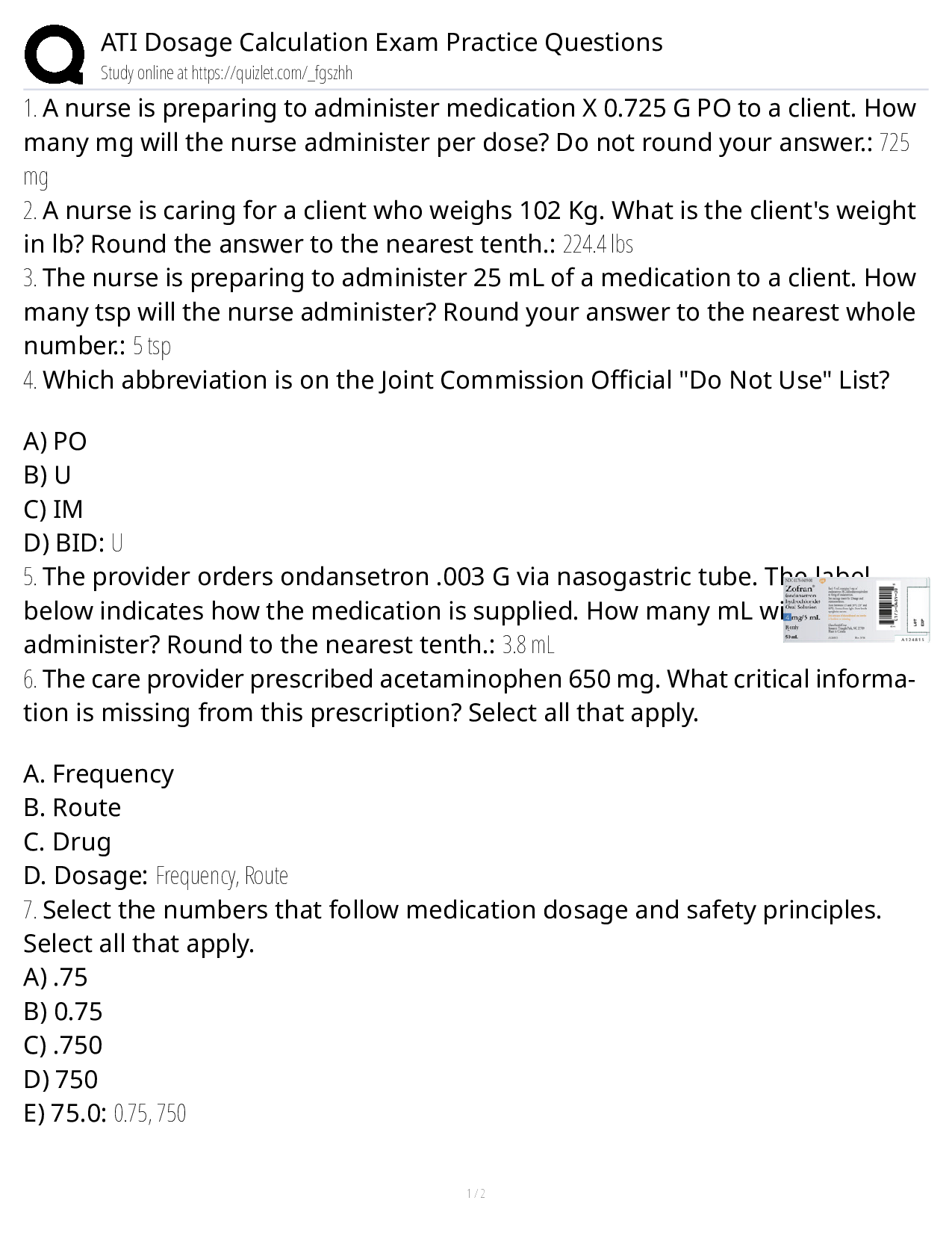ATI Dosage Calculation Exam Practice Questions