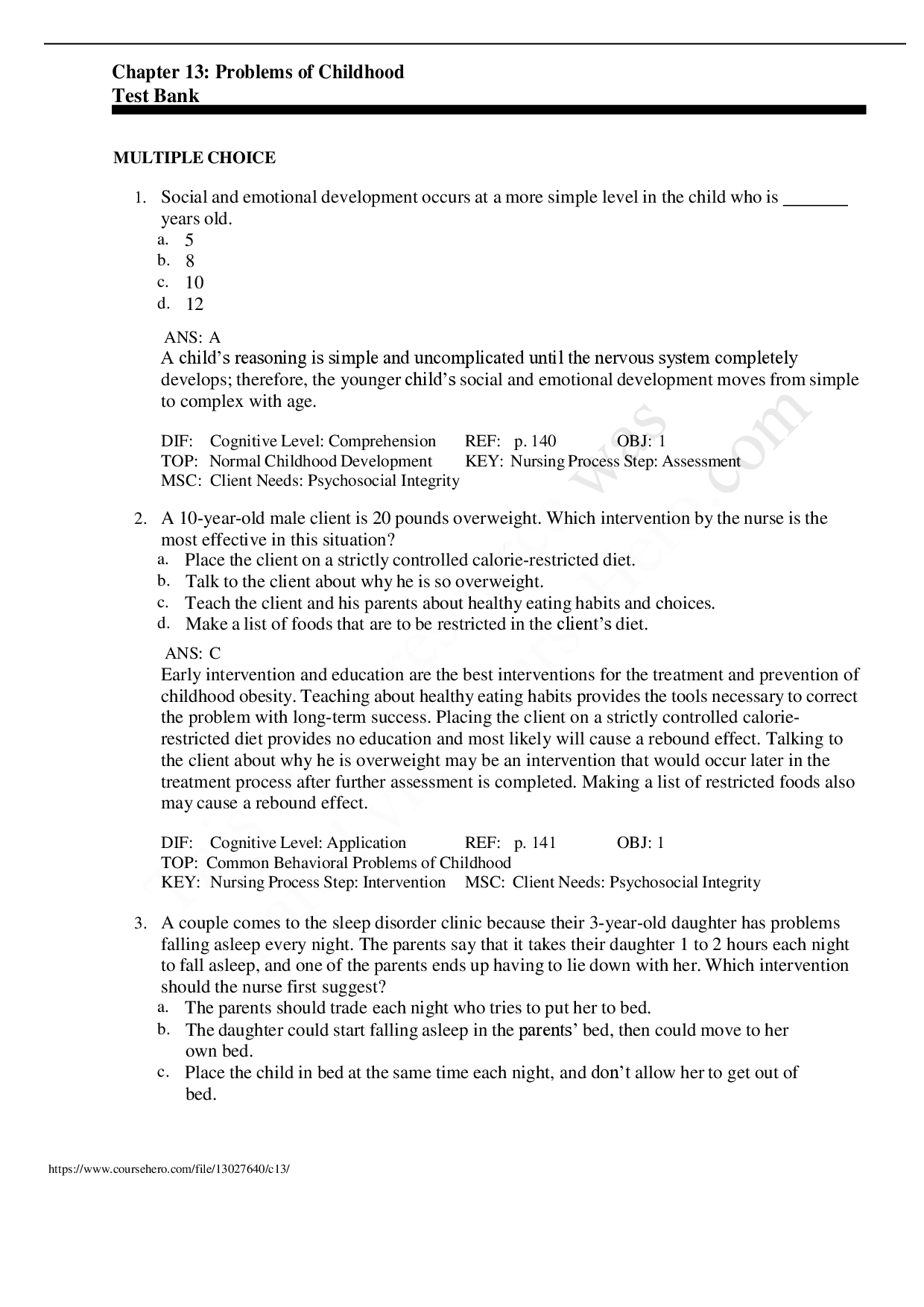 Problems of Childhood, Chapter 13 Test Bank