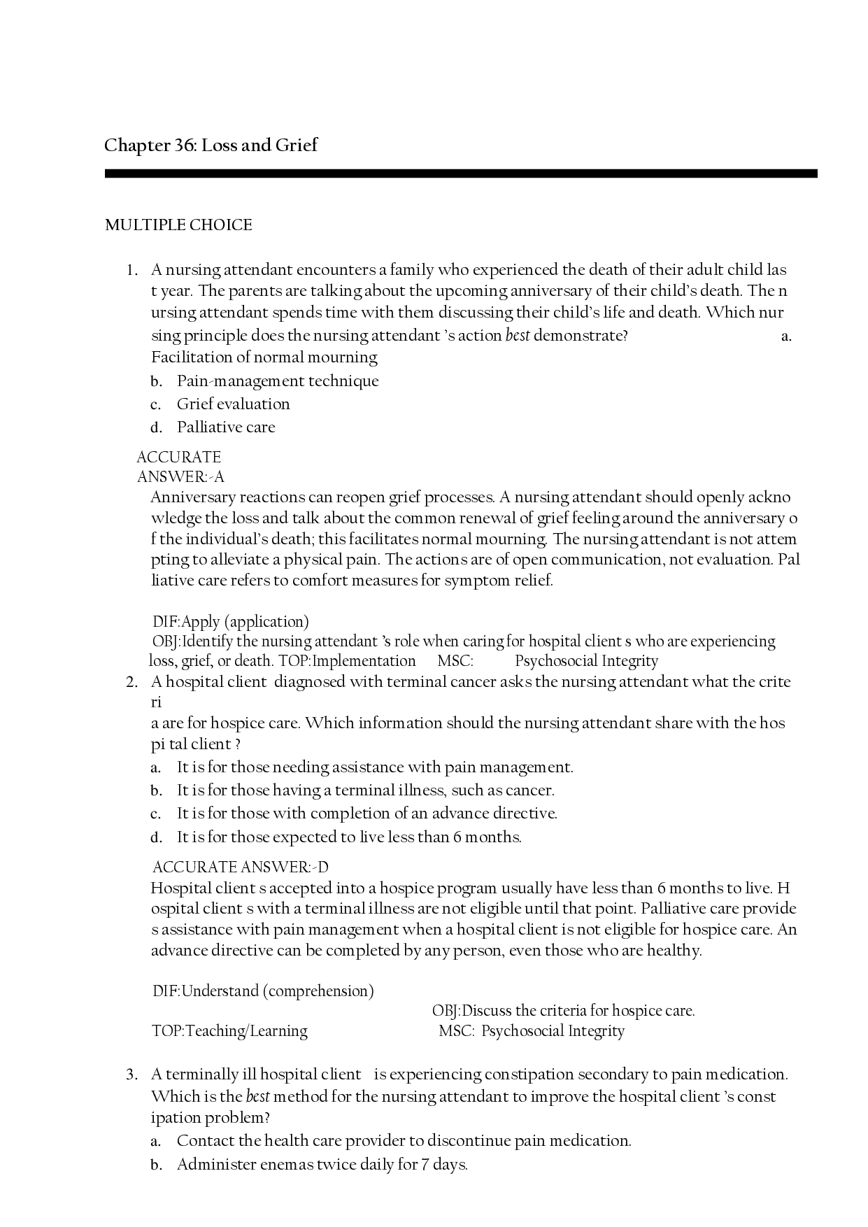 Loss and Grief Nursing Practice Questions