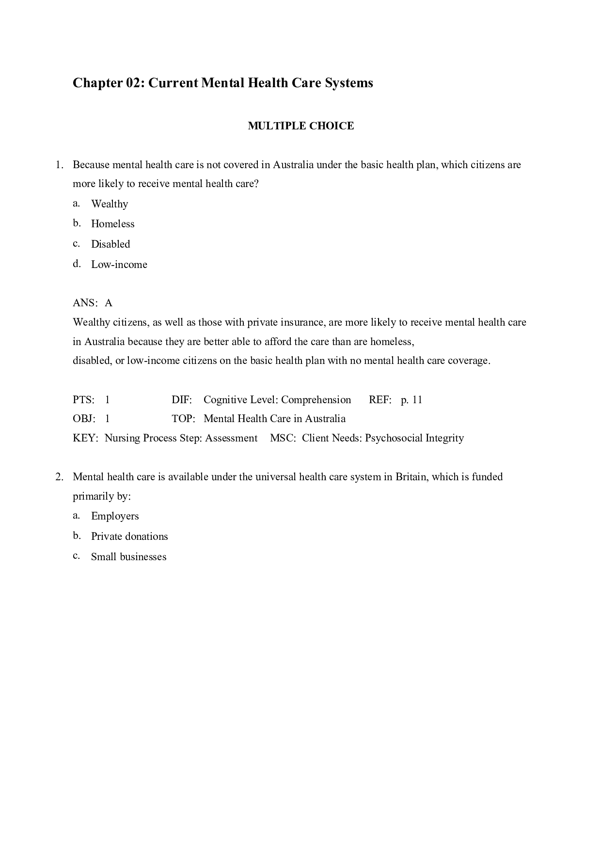 Mental Health Care Systems Test Bank