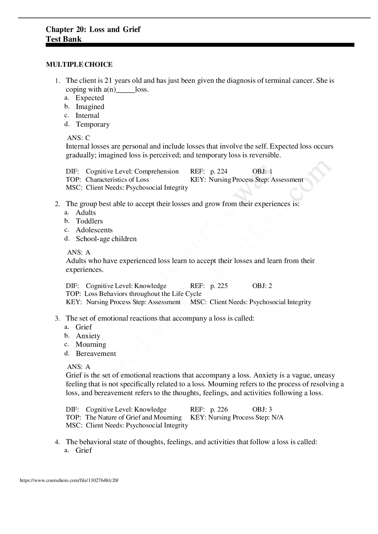 Loss and Grief Chapter 20 Test Bank