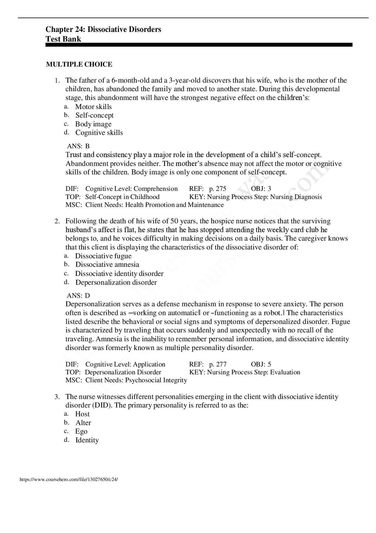 Dissociative Disorders, Chapter 24 Test Bank