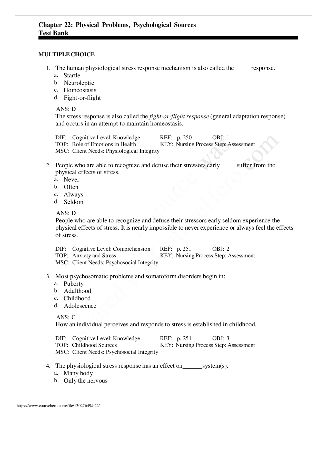 Physical Problems, Psychological Sources Chapter 22 Test Bank